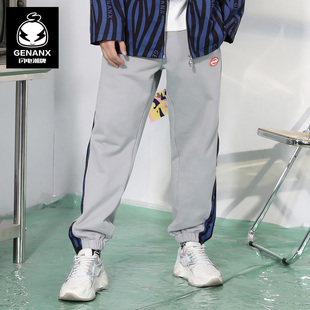 GENANX闪电潮牌束脚运动裤 男秋冬不规则条纹串标印花纯棉束脚卫裤