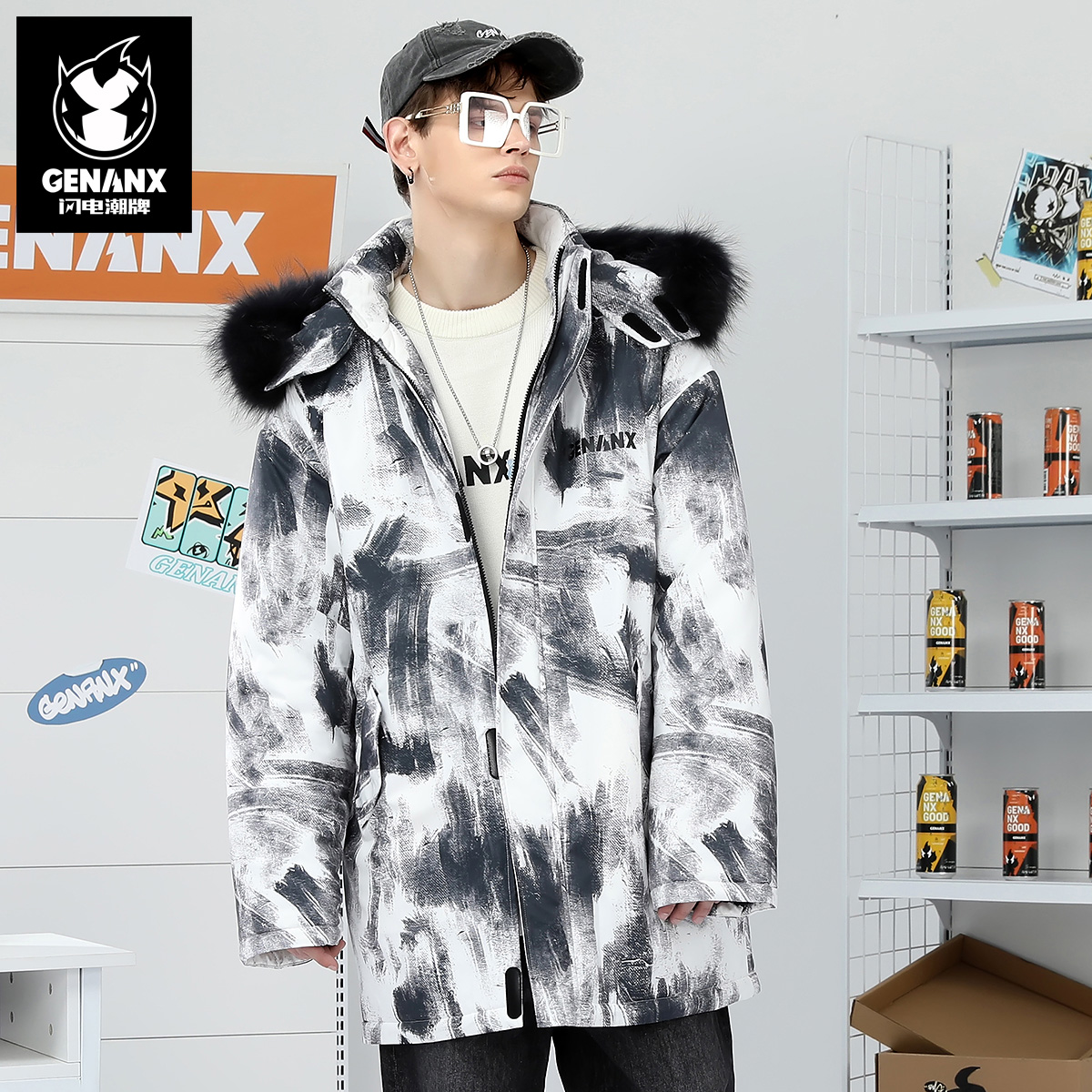 GENANX闪电潮牌印花可拆卸帽棉衣