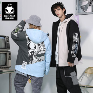 GENANX闪电潮牌连帽棉衣冬装 撞色拼接字母印花宽松情侣棉服外套男