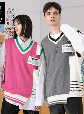 GENANX闪电潮牌秋季情侣红色毛衣男套头宽松撞色马甲背心武艺同款