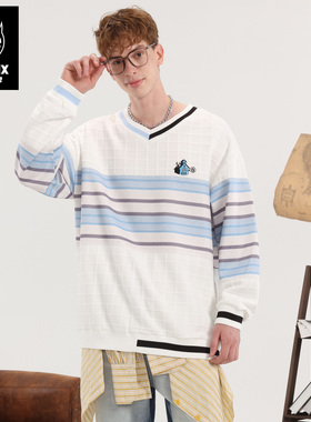 GENANX闪电潮牌2025秋季新款校园风学生白色卫衣简约条纹撞色上衣