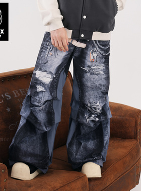 GENANX闪电潮牌2025秋季阔腿裤拖地仿牛仔裤印花休闲裤王橹杰同款