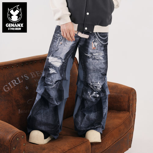 GENANX闪电潮牌2025秋季阔腿裤拖地仿牛仔裤印花休闲裤王橹杰同款