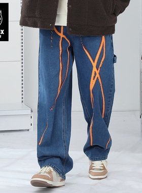 GENANX闪电潮牌新款秋冬弹力牛仔蓝宽松直筒蓝色垂感阔腿牛仔裤男