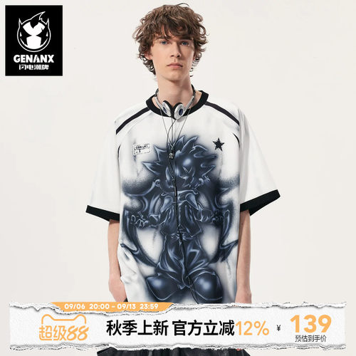 GENANX闪电潮牌恶魔卡通印花T恤2026年夏季新款撞色袖子短袖上衣