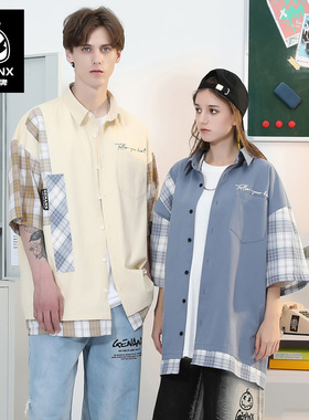 GENANX闪电潮牌短衬衫男生夏季盐系假两件拼色格纹衬衫朱博岩同款