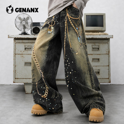 GENANX牛仔裤男2026秋季新款款宽松直筒深色水洗高街青少年潮流