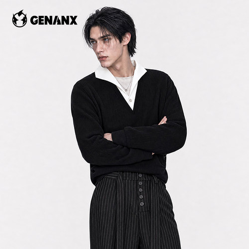 GENANX男2026秋新款假两件V领T恤落肩宽松百搭商务休闲青少年显瘦