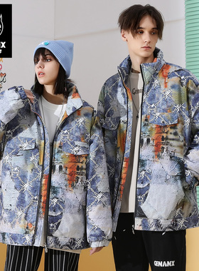 GENANX闪电潮牌冬季新款情侣棉衣不规则印花外套保暖宽松休闲
