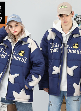 GENANX闪电潮牌情侣款棉衣立领防风时尚给性印花冬季外套轻暖棉服