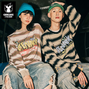 秋冬圆领长袖 潮流新款 上衣 撞色条纹卫衣男女款 GENANX闪电潮牌美式