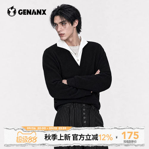 GENANX男2026秋新款假两件V领T恤落肩宽松百搭商务休闲青少年显瘦