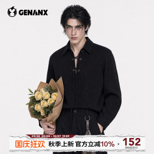 GENANX2026秋装男士长袖黑色衬衫宽松直筒翻领尖领休闲通勤衬衣男