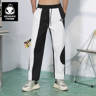 男女同款 GENANX闪电潮牌直筒休闲裤 冬黑白撞色拼接国潮宽松运动裤