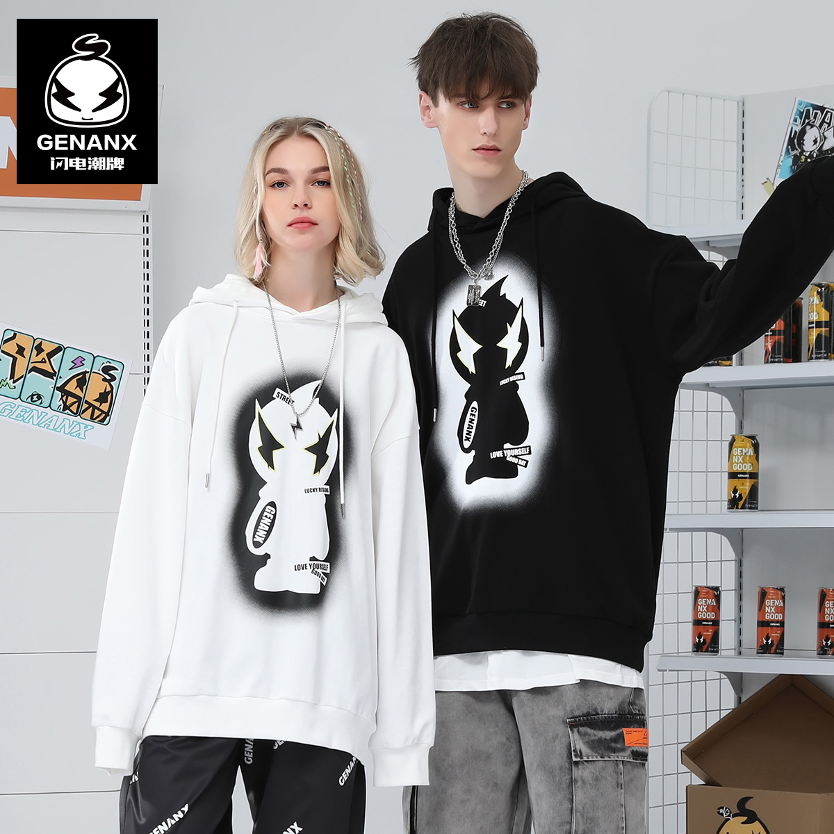 GENANX闪电潮牌印花连帽纯棉卫衣