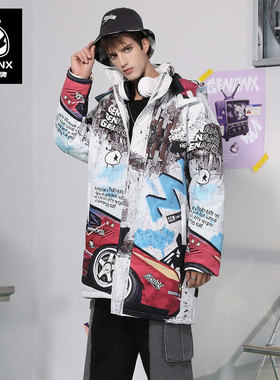 GENANX闪电潮牌中长款棉衣个性印花设计国潮连帽保暖棉服外套男士