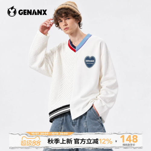 GENANX长袖T恤男女同款2026秋季新款拼接不规则设计宽松V领长袖衫