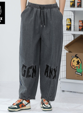 GENANX闪电潮牌中高腰牛仔裤黑灰色松紧带绣花宽松水洗直筒裤子男