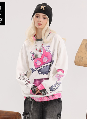 GENANX闪电潮牌2025秋季新款个性卡通印花学生质感通勤白色卫衣男