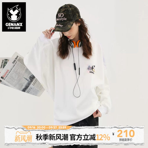 GENANX闪电潮牌秋季新款长袖上衣慵懒松弛气质情侣装白色卫衣