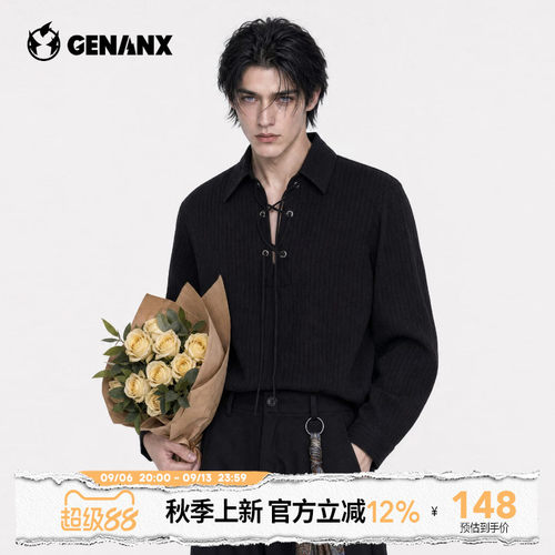GENANX2026秋装男士长袖黑色衬衫宽松直筒翻领尖领休闲通勤衬衣男