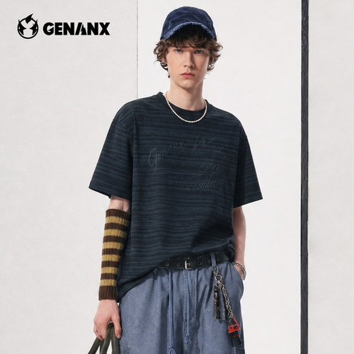 GENANX闪电做旧条纹短袖T恤