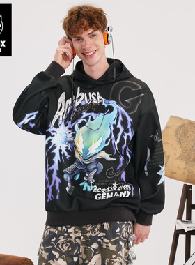 GENANX闪电潮牌2025秋季新款涂鸦热转印花落肩袖流行学生黑色卫衣