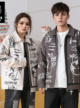 GENANX闪电潮牌冬季新款棉服拼色印花设计宽松保暖棉衣外套男