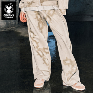 GENANX闪电潮牌街头链条涂鸦雪花绒宽松直筒汪苏泷同款 潮流休闲裤