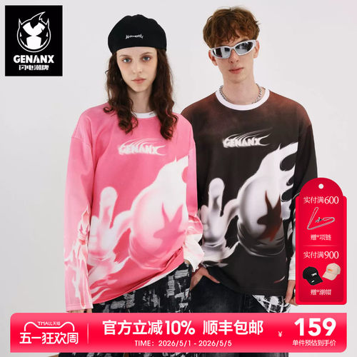 GENANX闪电潮牌2025秋季新款潮流印花太空棉耐磨男女同款长袖T恤