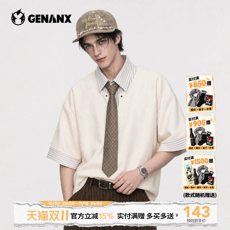 GENANX短袖T恤男日系polo衫2026秋季新款男生拼接假两件短袖男款
