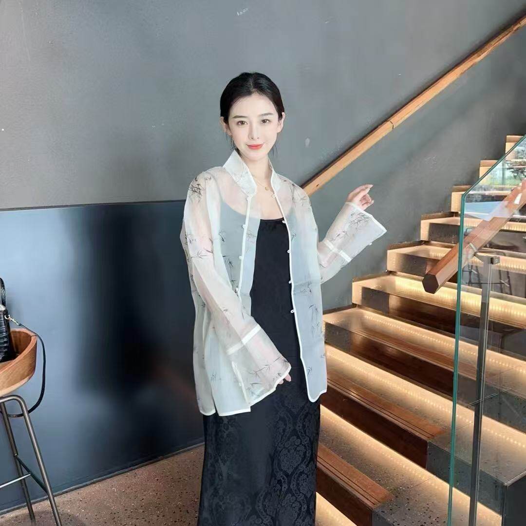 新中式真丝欧根纱宽松形中长款上衣夏季防晒衣秋季桑蚕丝薄外套