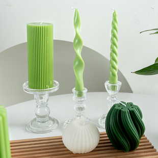 绿色螺纹香薰蜡烛玻璃烛台法式 饰摆件氛围感拍照道具 餐桌浪漫装