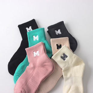 M字母潮流毛巾底袜子女士中筒短袜秋冬季 加厚毛圈运动纯棉低帮袜