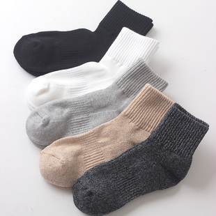 男士纯色加厚保暖中筒袜子 秋冬毛巾底纯棉吸汗纯色复古短筒袜