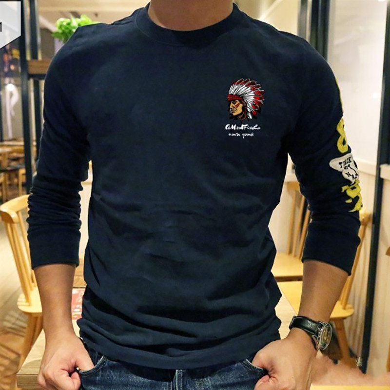 AF纯棉长袖印第安刺绣T恤男图片