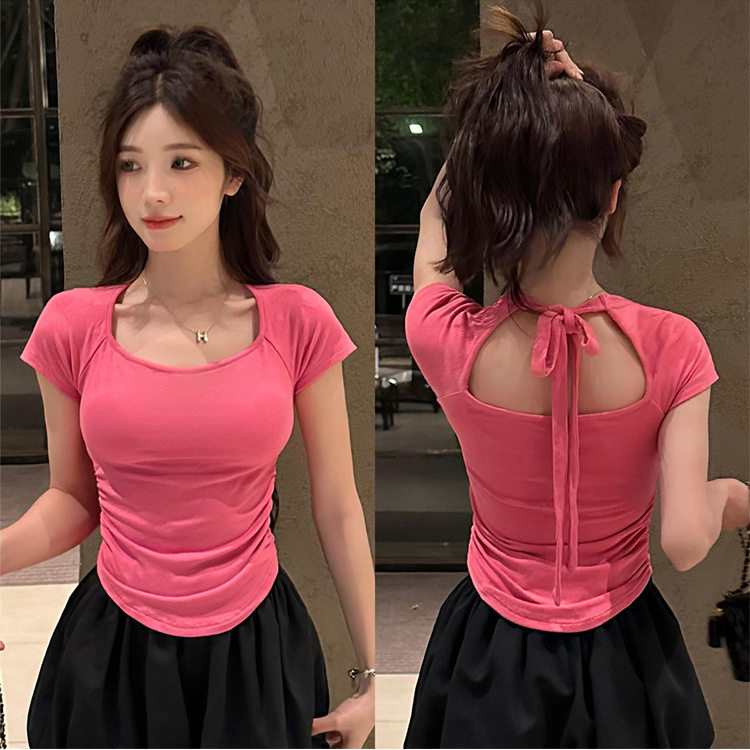 纯欲甜辣妹后背镂空绑带设计短袖T恤女2025新款修身显瘦短款上衣
