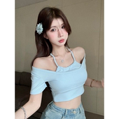 纯欲甜辣妹假两件挂脖短袖 小上衣 短款 t恤女夏季 性感露脐露肩修身
