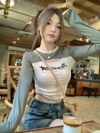 辣妹复古设计感镂空长袖t恤女2024新款修身显瘦字母短款小众上衣