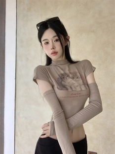 断袖 可爱猫咪印花半高领t恤女秋季 甜辣风个性 美式 设计短上衣 新款
