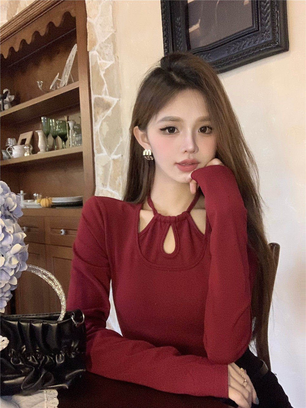 长袖纯欲辣妹挂脖假两件上衣女秋