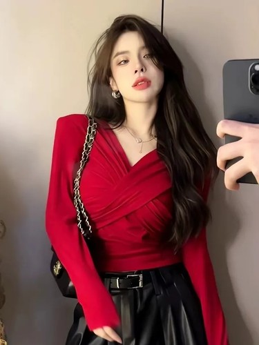 长袖V领修身T恤短款上衣