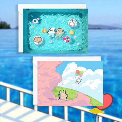 夏日么么茶 线条小狗明信片卡通手绘插画可爱小动物生日祝福卡片