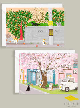 樱下町站猫咪 东京都内限定呆萌可爱手绘插画明信片生日毕业祝福