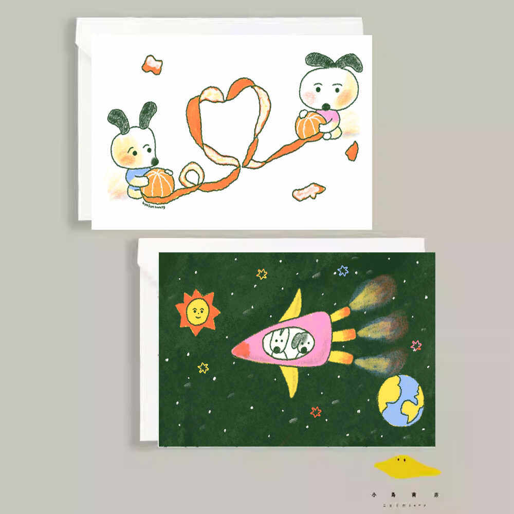 明信片小鸟小狗插画可爱