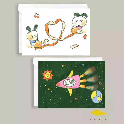 明信片小鸟小狗插画可爱