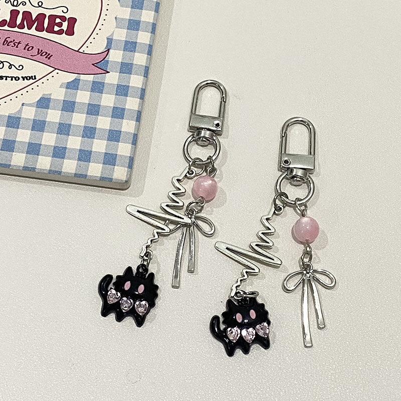 ORIGINAL COUPLE SWEET COOL PINK DIAMOND BLACK CAT KEYCHAIN Y2K ECG HANDMADE COUPLE KEYCHAIN GIRLFRIEND PENDANT