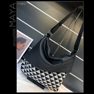 野狼部落牛皮拼接刺绣黑白三角格大托特包翻盖信封包单肩斜挎时尚