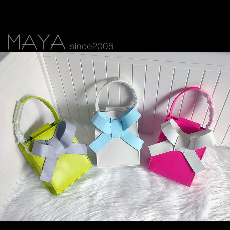 玛雅定制真皮小众撞色立体蝴蝶结手提斜挎淑女小方包可爱个性潮女