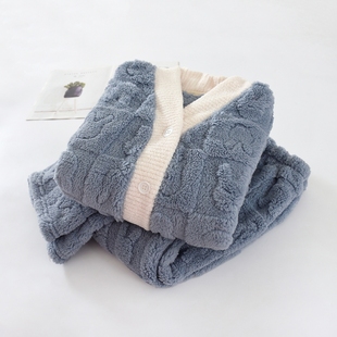 日系女士法兰绒家居服套装长袖V领开衫保暖睡衣睡裤冬加厚起居服